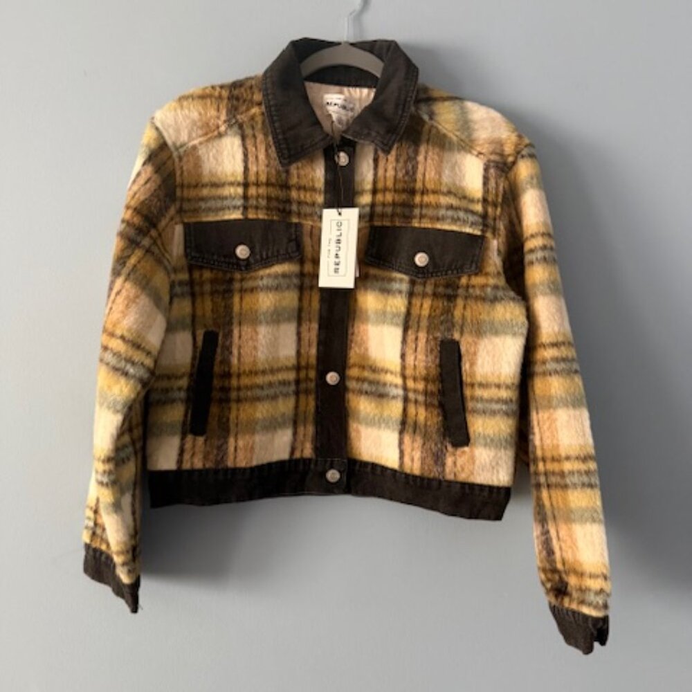 For The Republic Plaid Fuzzy Jacket Denim Trim Button Front Jacket Blue Green S